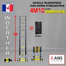 Echelle télescopique Woerther 4m10 avec barre stabilisatrice plus housse, garantie 5 ans