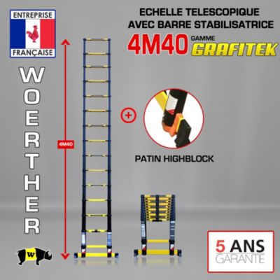 Echelle télescopique Woerther 4m40 avec barre stabilisatrice + Patins Highblock