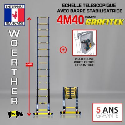 Echelle télescopique Woerther 4m40 avec barre stabilisatrice + Plateforme porte-outils et peinture