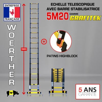 Echelle télescopique Woerther 5m20 avec barre stabilisatrice + Patins Highblock