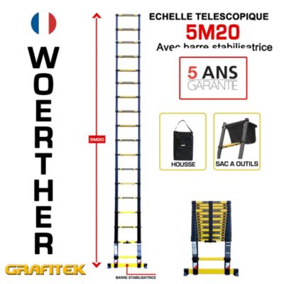 Echelle télescopique Woerther 5m20 avec barre stabilisatrice plus housse et sac porte outils