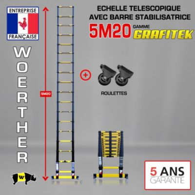 Echelle télescopique Woerther 5m20 avec barre stabilisatrice + Roulettes