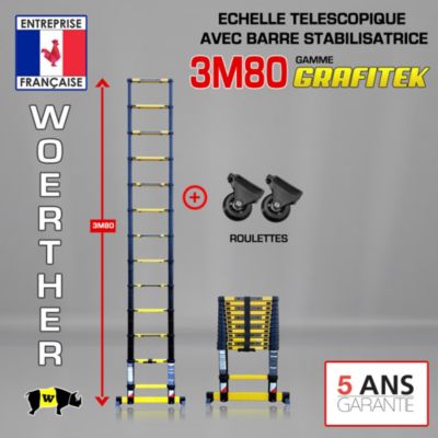Echelle Telescopique Aluminium 3,80 m WOERTHER avec Roulettes Amovibles - 150 kg - Garantie 5 Ans