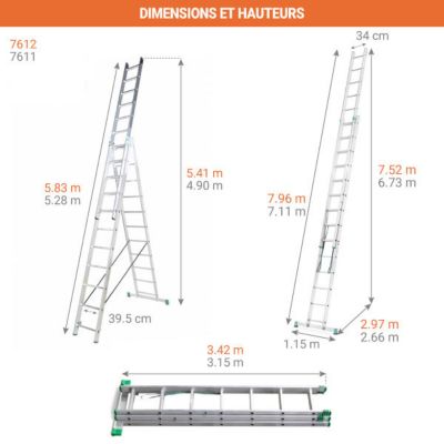 Echelle transformable 3 plans 3x12 barreaux - Longueur max. 7.96m - Sol plat - 7612