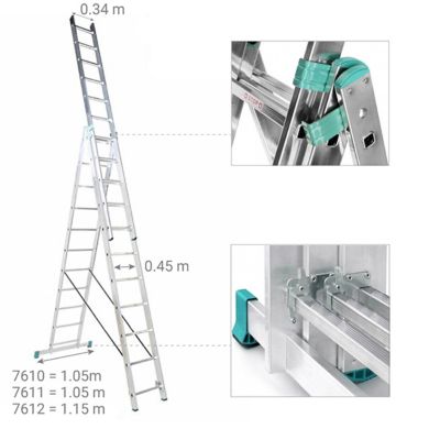 Echelle transformable 3 plans 3x12 barreaux - Longueur max. 7.96m - Sol plat - 7612