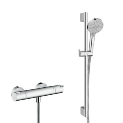 Ecostat Set mitigeur thermostatique + Barre 65cm + Douchette 2 jets + Flexible, Chrome (13211000-Vernis-SP)