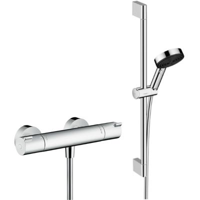 Ecostat Set Mitigeur thermostatique douche + Douchette à main XXL 105mm 3 jets, flexible douche 160cm, barre 65cm