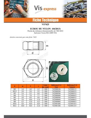 Ecrou nylon naturel Hexagonal HU M8 - 1 pièce