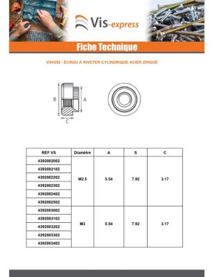 Ecrou à riveter Cylindrique M3 Epaisseur tole 2.5MM Acier zingué - 1 pièce