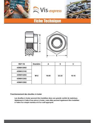 Ecrou à riveter Hexagonal Acier zingué M6 Epaisseur tole 1MM - 1 pièce