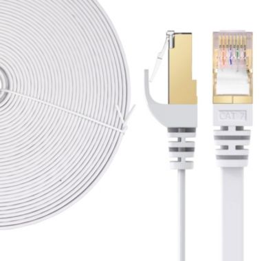 Elfcam - 10m Câble Ethernet RJ45 Cat7 Flat Blanc, 10Gbps 600MHz, Cuivre, SFTP, Anti-Bruit, PC, Modem, Routeur