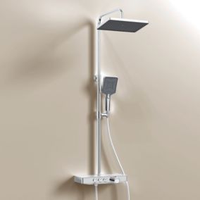EMKE Colonne de douche Thermostat, 36 x 14 cm étagères en verre, 3 types de jets, douche à effet pluie, Certification KTW, Blanc