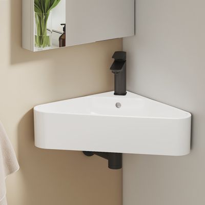 EMKE Lavabo d'Angle en Céramique 56x34x13cm, Blanc Brillant, Vasque Murale Triangulaire avec Trou pour Robinet
