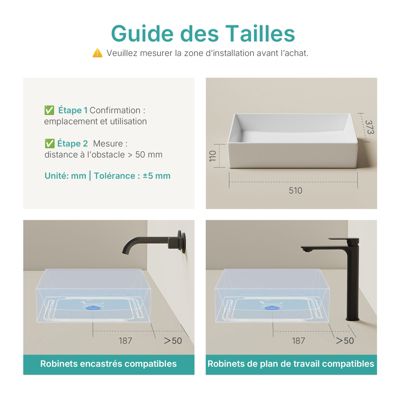 EMKE Lavabo en Céramique Blanc 510x370x110 mm, Vasque Carrée, Posable