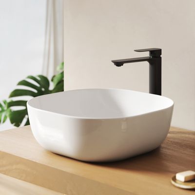 EMKE Lavabo en Céramique Blanche 415x415x145 mm, Vasque à Poser Carrée sans Trou de Robinet
