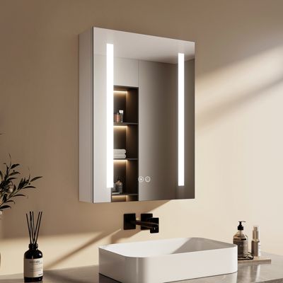 EMKE Meuble de Salle de Bain avec Miroir, Porte Soft-Close, LED Réglable, Prise USB, Anti-Buée, Charnière Gauche