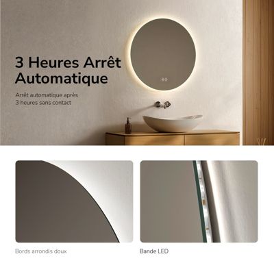 Miroir Salle De Bain Rond LED 70 Cm – Rétro-éclairé 3 Couleurs Tactile, EMKE Luminosité Réglable