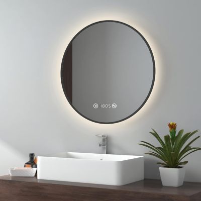 EMKE Miroir LED lumineux salle de bain rond 60cm Cadre Noir,Interrupteur Tactile,Anti-buée, Horloge et Temperature,Lumière Neutre