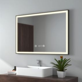 EMKE Miroir lumineux salle de bain 100x70cm,cadre noir,Interrupteur Tactile, Anti-buée, Horloge et Température, LED Lumière Neutre