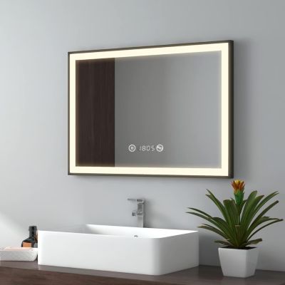 EMKE Miroir lumineux salle de bain 70x50cm, cadre noir,Interrupteur Tactile, Anti-buée, Horloge et Température, 4300k, Dimmable