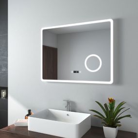 EMKE Miroir lumineux salle de bain 90x70cm,Interrupteur Tactile, Anti-buée, 3x Grossissement, Horloge,LED Lumière Blanche Froide