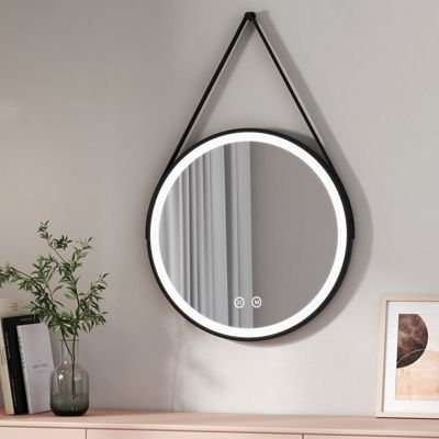 EMKE Miroir lumineux salle de bain rond 60cm cadre noir, Sangle réglable, Interrupteur Tactile, LED Lumière Froide/Chaude/Neutre