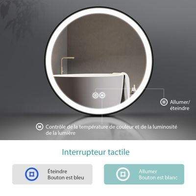 EMKE Miroir lumineux salle de bain rond 60cm cadre noir, Sangle réglable, Interrupteur Tactile, LED Lumière Froide/Chaude/Neutre