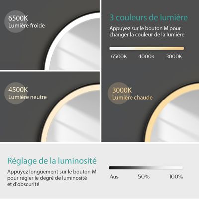 EMKE Miroir lumineux salle de bain rond 60cm cadre noir, Sangle réglable, Interrupteur Tactile, LED Lumière Froide/Chaude/Neutre