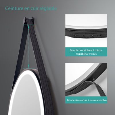 EMKE Miroir lumineux salle de bain rond 60cm cadre noir, Sangle réglable, Interrupteur Tactile, LED Lumière Froide/Chaude/Neutre