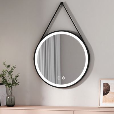 EMKE Miroir lumineux salle de bain rond 70cm cadre noir, Sangle réglable, Miroir LED, Interrupteur Tactile, 3 couleurs de Lumières