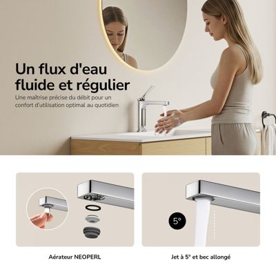 EMKE Mitigeur de Lavabo Monocommande 195 x 173 mm en Laiton, Robinet Salle de Bain avec Aérateur NEOPERL, Chrome