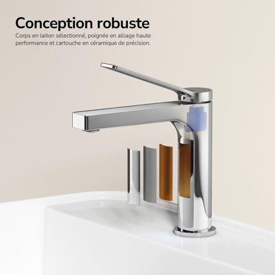 EMKE Mitigeur de Lavabo Monocommande 195 x 173 mm en Laiton, Robinet Salle de Bain avec Aérateur NEOPERL, Chrome