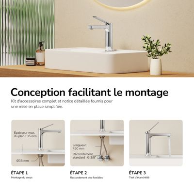 EMKE Mitigeur de Lavabo Monocommande 195 x 173 mm en Laiton, Robinet Salle de Bain avec Aérateur NEOPERL, Chrome