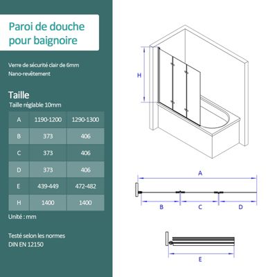 EMKE Pare de baignoire en 6 mm verre securit Paroi de douche pliable pour baignoire, 130x140cm,Revêtement Nano facile à nettoyer