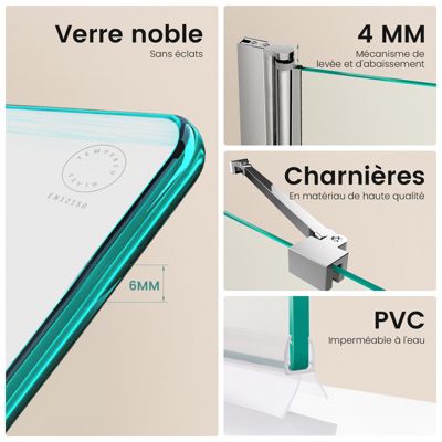 EMKE Paroi de douche pliable pour baignoire 100 x 140 cm, verre trempé 6 mm, cadre chromé