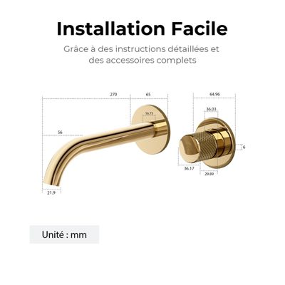 EMKE Robinet de Salle de Bain Modulaire,281x140x65mm,Corps en Laiton, Or Champagne,Mitigeur de lavabo mural,Cartouche en Céramique