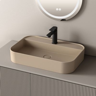 EMKE Vasque à Poser 40 x 60 x 11 cm, Lavabo Rectangulaire en Céramique pour Salle de Bain, Coins Arrondis R, Beige Mat
