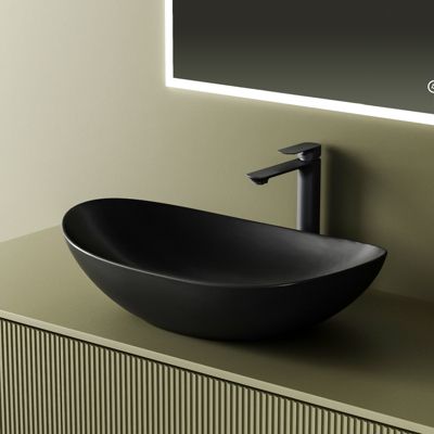 EMKE Vasque à Poser 615 x 360 x 155 mm, Lavabo Ovale en Céramique pour Salle de Bain, Installation sur Comptoir, Finition Noir Mat