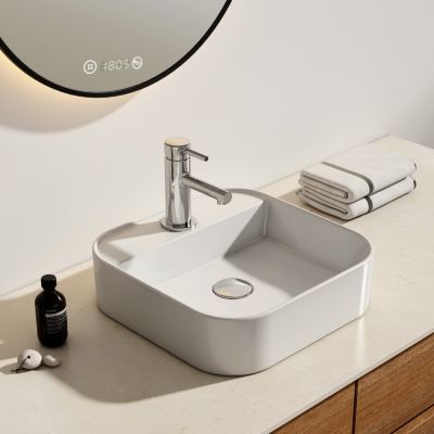 EMKE Vasque à Poser en céramique 40x40x11cm, Lavabo Carré avec robinet trou prépercé, Lavabo à poser blanc brillant