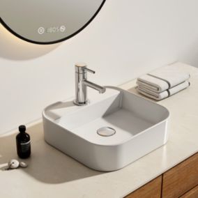EMKE Vasque à Poser en céramique 40x40x11cm, Lavabo Carré avec robinet trou prépercé, Lavabo à poser blanc brillant