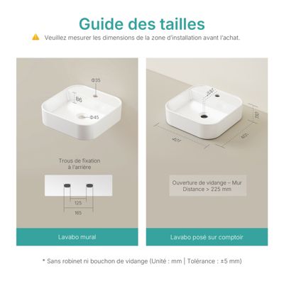 EMKE Vasque à Poser en céramique 40x40x11cm, Lavabo Carré avec robinet trou prépercé, Lavabo à poser blanc brillant