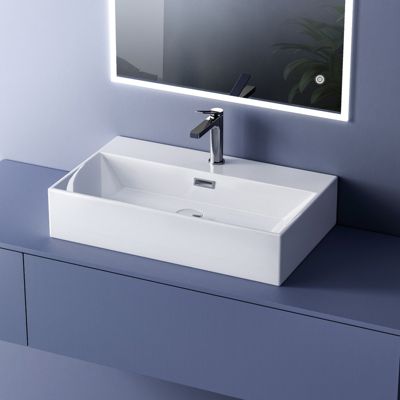 EMKE Vasque à Poser en céramique 41,5x36x13cm, Lavabo rectangulaire avec robinet trou prépercé, Lavabo à poser blanc brillant