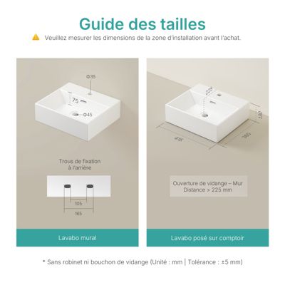 EMKE Vasque à Poser en céramique 41,5x36x13cm, Lavabo rectangulaire avec robinet trou prépercé, Lavabo à poser blanc brillant