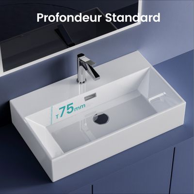 EMKE Vasque à Poser en céramique 41,5x36x13cm, Lavabo rectangulaire avec robinet trou prépercé, Lavabo à poser blanc brillant