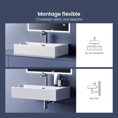 EMKE Vasque à Poser en céramique 41,5x36x13cm, Lavabo rectangulaire avec robinet trou prépercé, Lavabo à poser blanc brillant