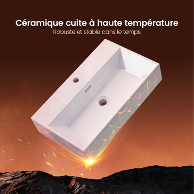 EMKE Vasque à Poser en céramique 41,5x36x13cm, Lavabo rectangulaire avec robinet trou prépercé, Lavabo à poser blanc brillant