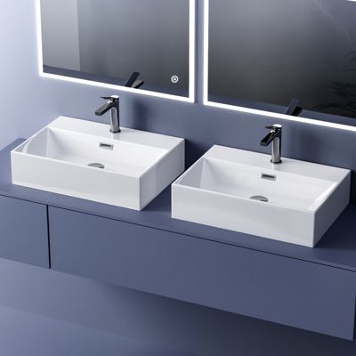 EMKE Vasque à Poser en céramique 41,5x36x13cm, Lavabo rectangulaire avec robinet trou prépercé, Lavabo à poser blanc brillant
