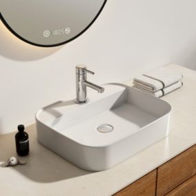 EMKE Vasque à Poser en céramique 50x40x11cm, Lavabo rectangulaire avec robinet trou prépercé, Lavabo à poser blanc brillant