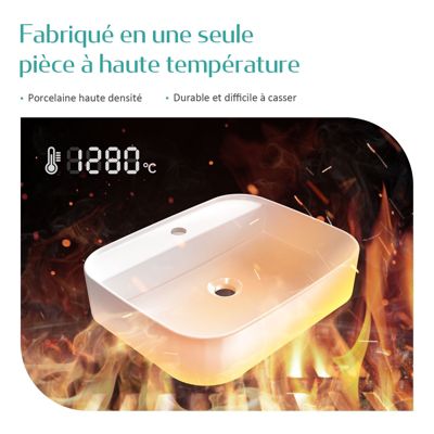 EMKE Vasque à Poser en céramique 50x40x11cm, Lavabo rectangulaire avec robinet trou prépercé, Lavabo à poser blanc brillant
