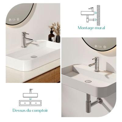 EMKE Vasque à Poser en céramique 50x40x11cm, Lavabo rectangulaire avec robinet trou prépercé, Lavabo à poser blanc brillant